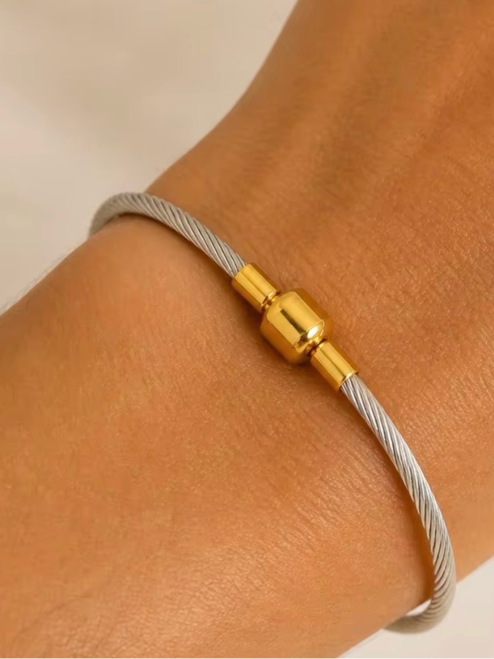 Gold Accent Silver Cable Bracelet - Women Jewelry MEDIUM SIZE